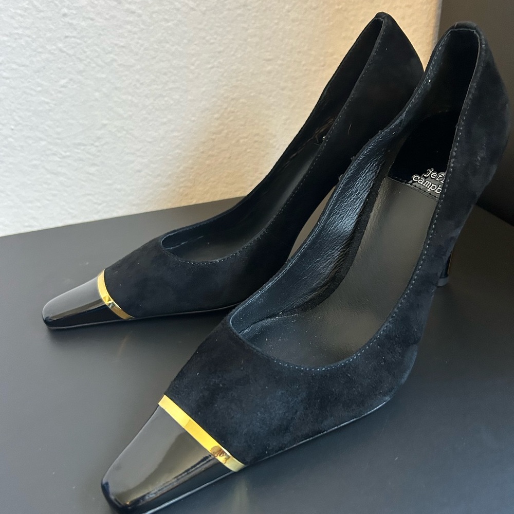 Jeffrey Campbell Conspiracy Cap Toe Pump Metallic Gold Black Suede Size 7.5 - Picture 2 of 10